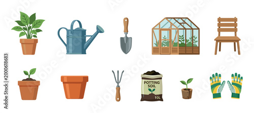 Gardening tools and equipment, including potted plants, watering can, greenhouse, shovel, rake, potting soil, and gloves, are essential items for cultivating a beautiful home garden.