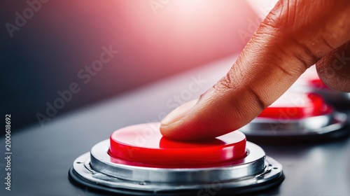 A finger hovers above a large red button on a metallic control panel. Dramatic lighting and shallow focus heighten the tension and symbolize a pivotal decision moment.