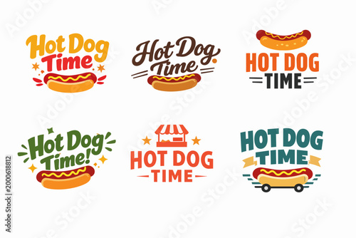 Hot dog time logo set for fast food restaurant branding, street stall snack bar design, and promotional signage
