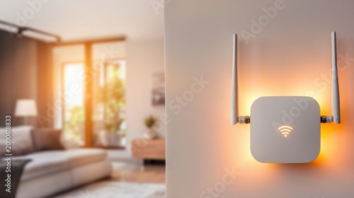 A modern Wi-Fi router with glowing signal icon is mounted on a wall, casting a warm light. This ultra-realistic smart home scene radiates comfort and high-speed internet.