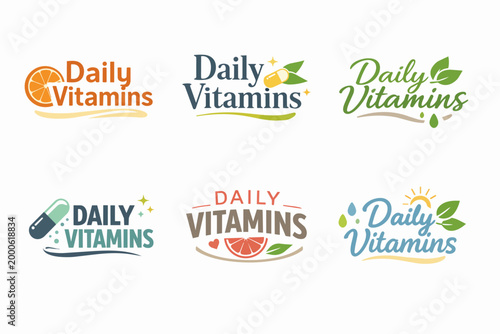 Six variations for a daily vitamins brand logo, featuring oranges, capsules, leaves, and sun elements for vitality