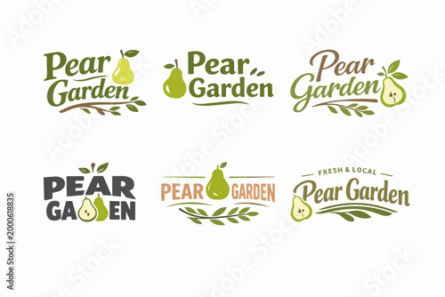 Pear garden logo collection. Six distinct designs featuring pears, leaves, and branches for food, fruit, and nature brands