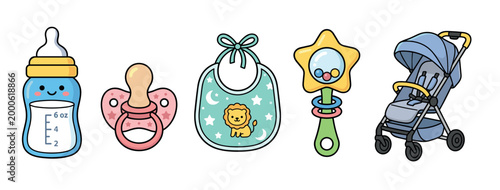 Baby items collection featuring a cute smiling bottle, a pink pacifier, a lion bib, a star rattle, and a blue stroller, representing essential newborn accessories.