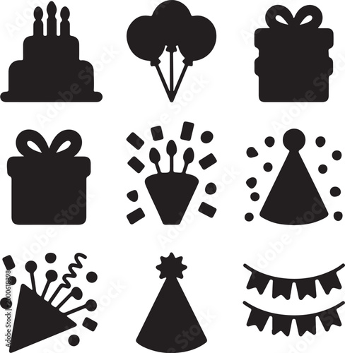 Colorful birthday icons vector set with cake balloons gift box party hat candles confetti and celebration elements, modern flat design editable illustration for greeting cards posters social media