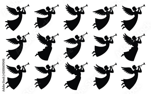 Collection of black angel silhouettes playing trumpets in various flying poses on white background religious and musical graphic resource