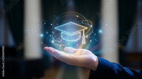 Graduation cap glowing above open palm with light particles knowledge learning.