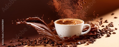 A cappuccino cup bursts with swirling coffee splash and floating cocoa powder. Dramatic hard sunlight and rich beans create a cinematic beverage advertising scene.