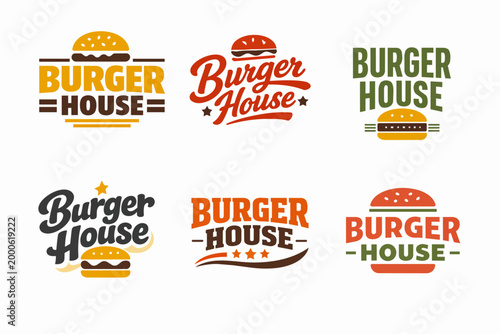 Burger house restaurant logo set offering various branding designs for fast food eateries and delivery services