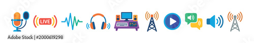 Broadcasting and audio communication icons collection representing various media elements, live streaming concepts, and digital content creation tools.