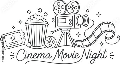 cinema movie night line art, popcorn and film camera illustration, movie ticket drawing, film reel design, entertainment poster, cinema elements, movie night invitation, simple outline artwork, retro 