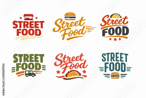 Street food logos collection with cart, burger, taco, and food truck emblems on white background