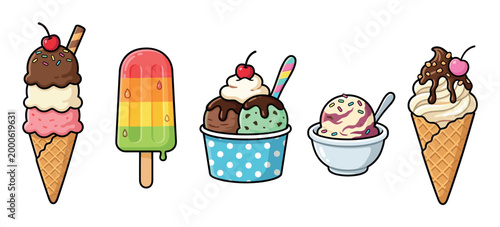 Various colorful ice cream and frozen desserts illustration featuring cones, popsicles, cups, and bowls, showcasing a delightful assortment of sweet treats.