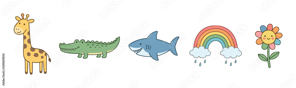 Fototapeta premium Cute cartoon animals and nature elements collection featuring a happy giraffe, alligator, shark, colorful rainbow, and a cheerful flower illustration.