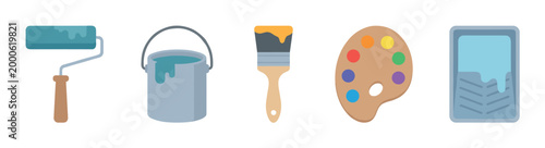 Painting tools and art supplies collection featuring rollers, brushes, paint cans, and palettes, perfect for home renovation or artistic endeavors.