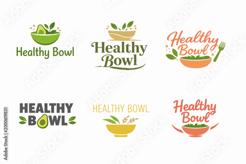 Healthy bowl logo design concepts presenting fresh food, organic ingredients and wellness meal preparation