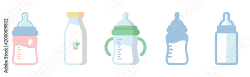Various baby bottles and milk containers are depicted in a colorful flat vector illustration, showcasing different designs for infant feeding.