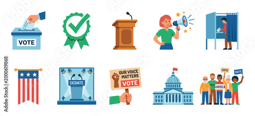 Election and democracy related icons and illustrations representing the voting process, political engagement, and civic participation in a modern society.