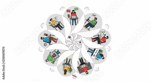 Diverse group of people in a circular arrangement representing community.