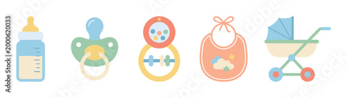 Various baby items including a bottle, pacifier, rattle, bib, and stroller are neatly arranged in a colorful, flat design illustration, perfect for childcare concepts.