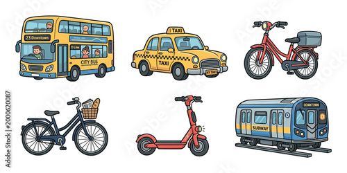 Various urban transportation vehicles including a bus, taxi, and subway train are depicted in a colorful cartoon illustration, representing modern city travel options.