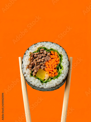 Sushi Roll with Chopsticks on Bright Orange Minimal Background