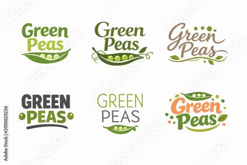 Green peas logo set offering branding options for organic, natural, vegan, and healthy food products