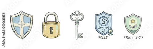Security protection access concept icons collection representing digital safety, data privacy, and online information solutions in a hand-drawn style.