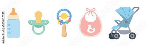 Delightful collection of essential baby care accessories and items, including a bottle, pacifier, rattle, bib, and stroller, presented as colorful flat vector illustrations.