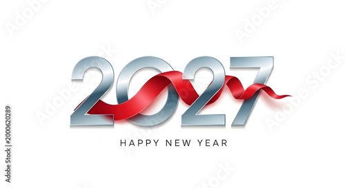 Happy new year 2027 with silver numbers and red ribbon on white background