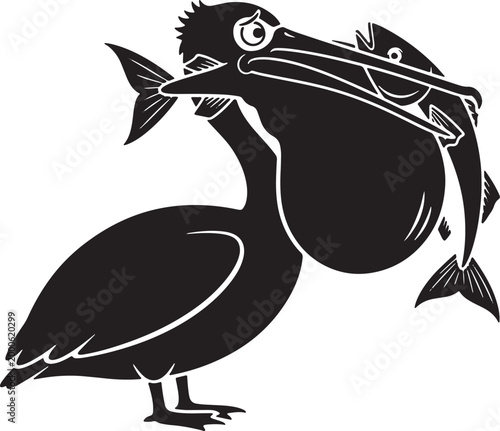 Pelican silhouette carrying fish in beak side profile black graphic large bird fishing symbol isolated on white.