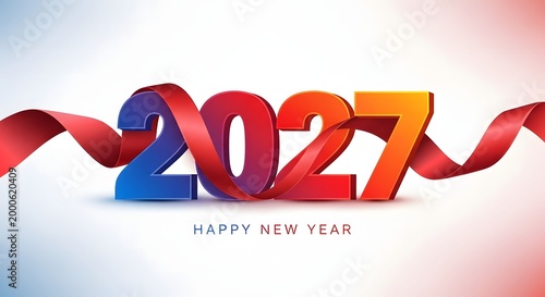 Happy new year 2027 colorful numbers with red ribbon on white background