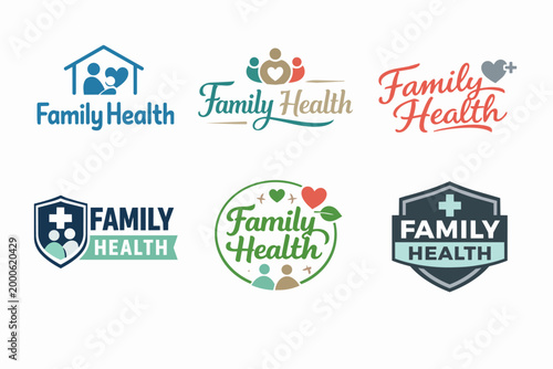 Family health care medical logos set representing wellness, community support, and protection for patient and family well-being