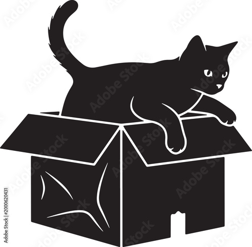 Black cat silhouette sitting in cardboard box curious pet feline playful animal inside package isolated on white.