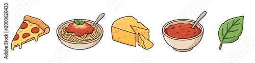 Delicious Italian food elements including a pepperoni pizza slice, spaghetti, cheese, and tomato sauce, presented in a charming cartoon illustration style.