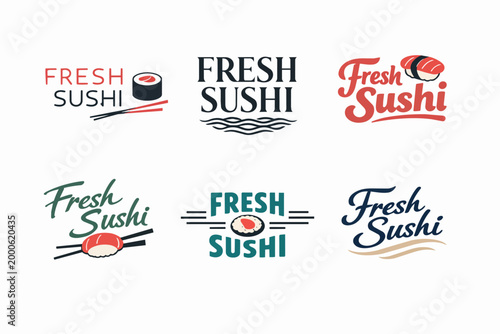 Fresh sushi logos collection presenting japanese restaurant branding and fast food emblems with original typography designs