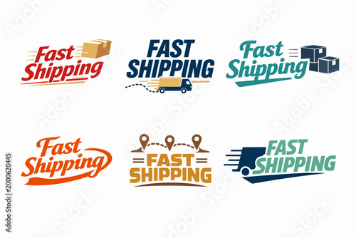 Fast shipping logos set illustrating express delivery, courier service, logistics, and quick transportation concepts