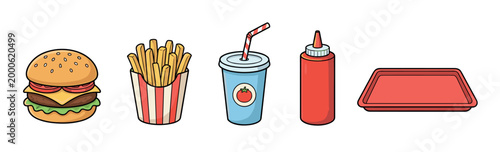 Classic fast food meal components, including a juicy cheeseburger, crispy french fries, and a refreshing drink, are neatly arranged with ketchup and a serving tray.
