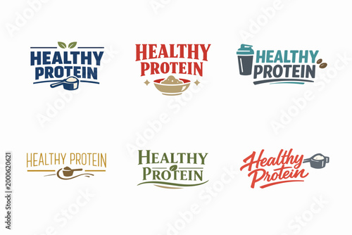 Healthy protein nutrition supplement logos set, fitness and wellness branding concept, clean eating emblems design
