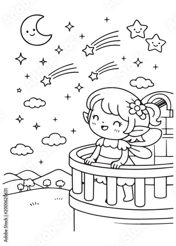 coloring book page fairy observing the sky from a balcony with a telescope at twilight