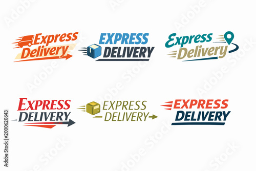 Express delivery logistics concept logos with speeding trucks, packages, and location pins for fast shipping service