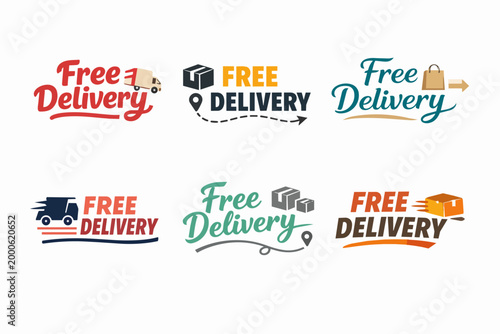 Free delivery lettering set with truck, package, and bag icons representing fast shipping and e-commerce service