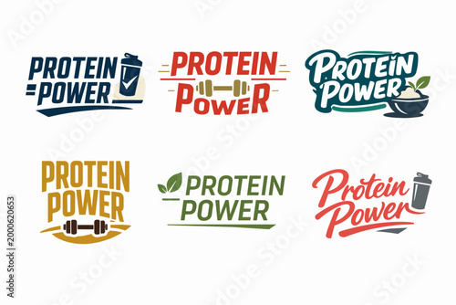 Protein power logo designs featuring gym, fitness, and nutrition concepts for supplements and healthy lifestyle branding