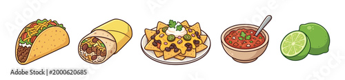 Delicious Mexican food items including tacos, burritos, and nachos served with fresh salsa and zesty limes, presented in a vibrant cartoon style.
