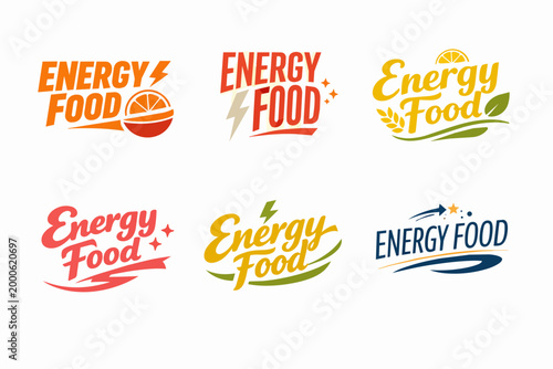 Energy food logo set with different designs, highlighting natural ingredients and power symbols for nutritious products