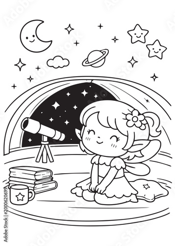 coloring book page fairy quietly learning astronomy inside a cozy dome room with books and telescope