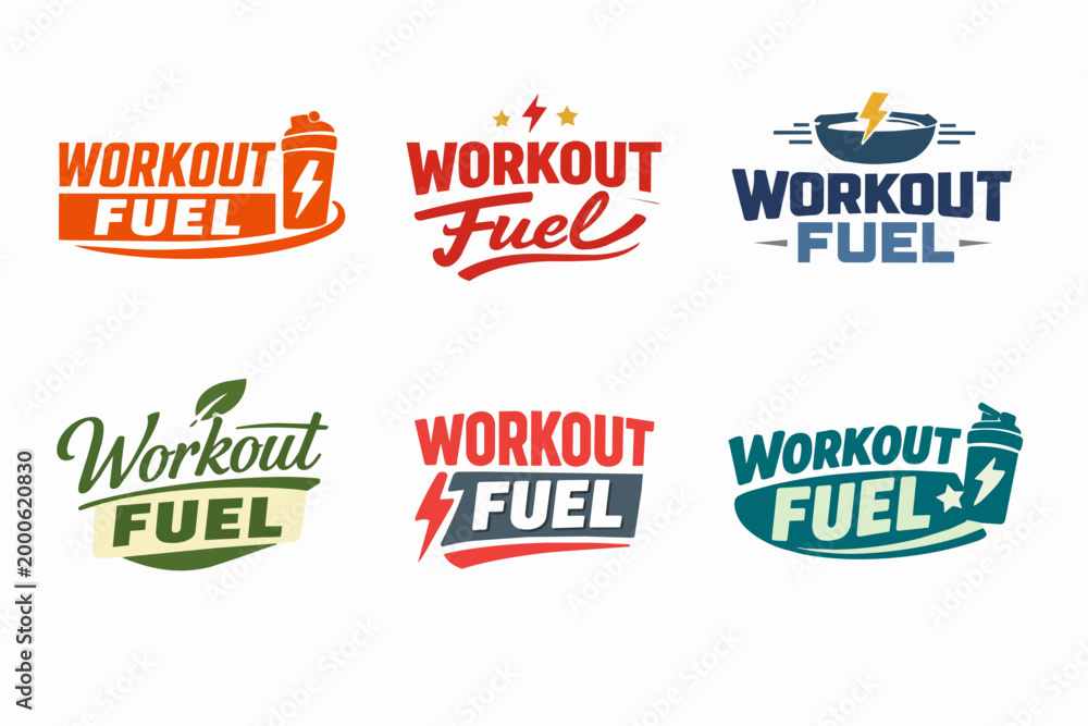 Obraz premium Collection of workout fuel logo designs representing fitness nutrition, energy drink brands, and supplement packaging