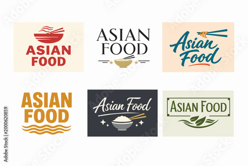 Asian food logos set showing modern branding for restaurants, cafes, and catering services