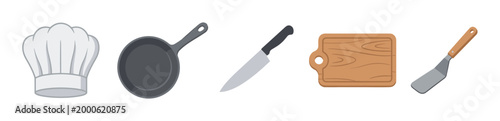 Chef hat, frying pan, knife, cutting board, spatula, and other essential cooking utensils are neatly arranged, representing a complete set of kitchen equipment for culinary preparation.