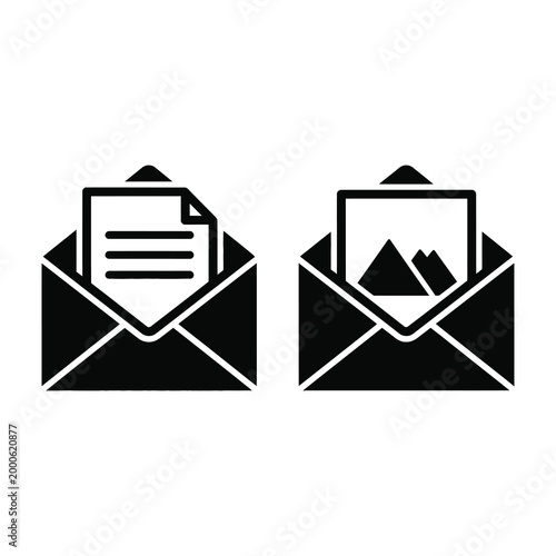 black and white icons of envelopes with document and photo inside