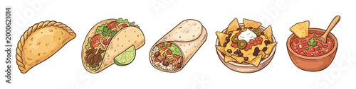 Delicious Mexican food items illustration set featuring popular dishes like tacos, burritos, nachos, empanadas, and salsa, presented in a vibrant cartoon style.